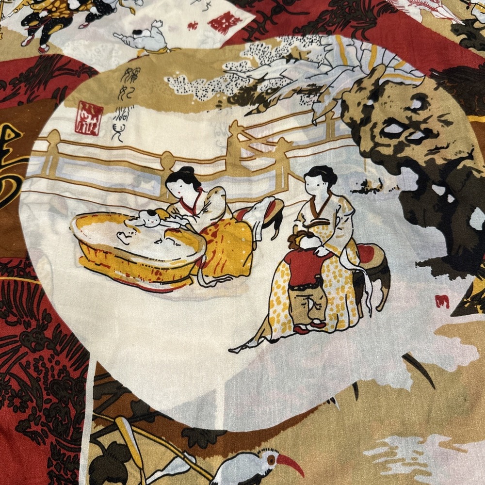 Jin Xiu Lang Japanese Folk Scenes Scarf 100% Silk Asian 65x20" gorgeous